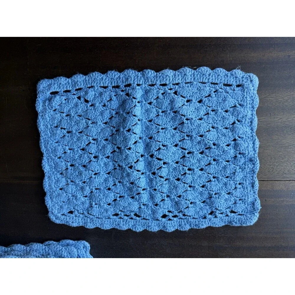 Set Of 8 Handmade Blue Crochet Placemats 17.5” X 11.5”